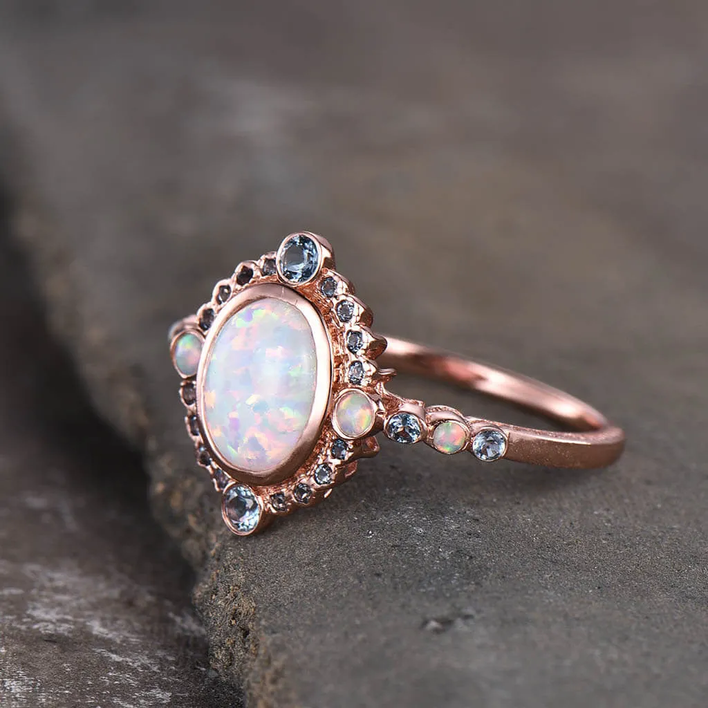 Unique Opal And London Blue Topaz Engagement Ring Rose Gold