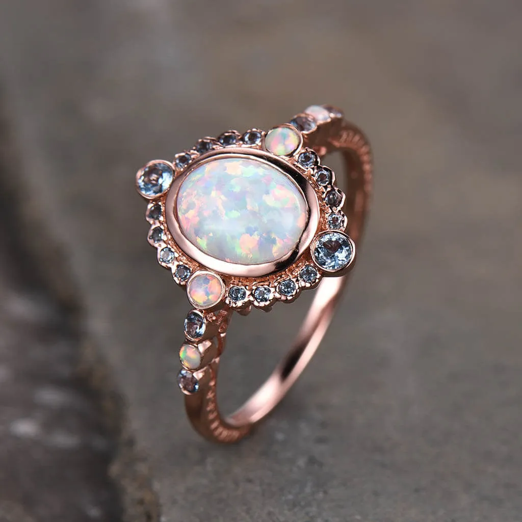 Unique Opal And London Blue Topaz Engagement Ring Rose Gold