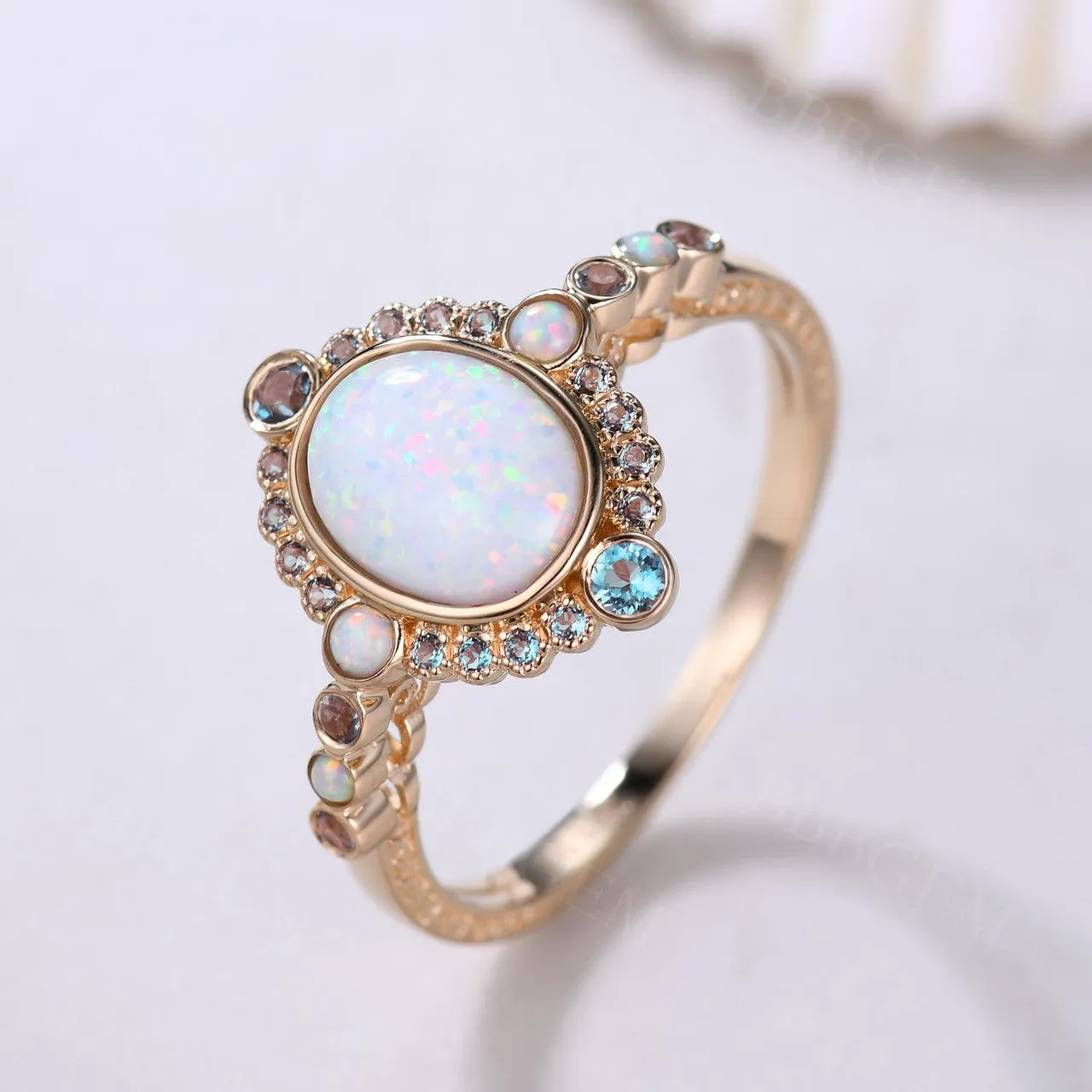 Unique Opal And London Blue Topaz Engagement Ring Rose Gold