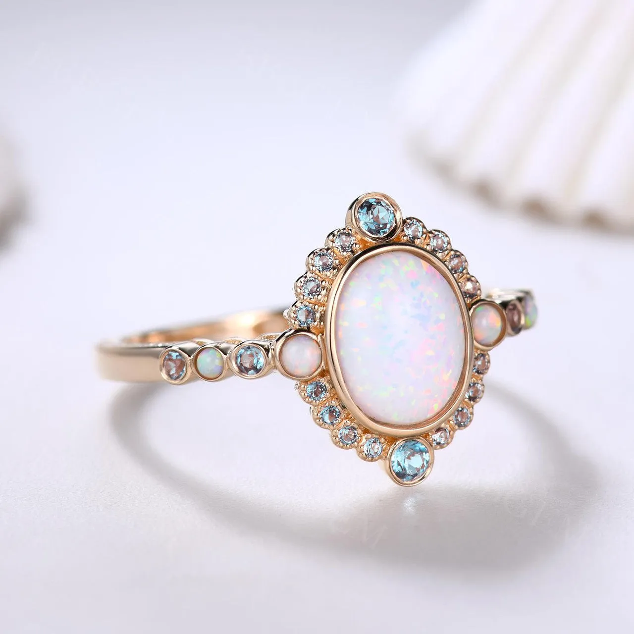 Unique Opal And London Blue Topaz Engagement Ring Rose Gold