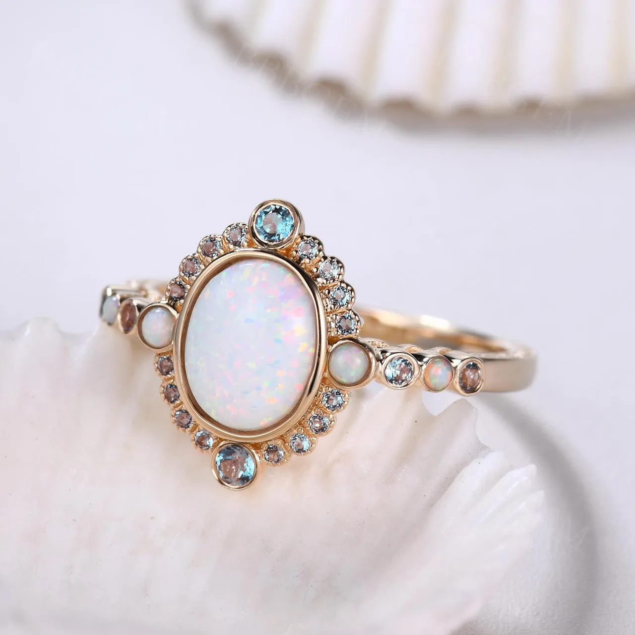 Unique Opal And London Blue Topaz Engagement Ring Rose Gold