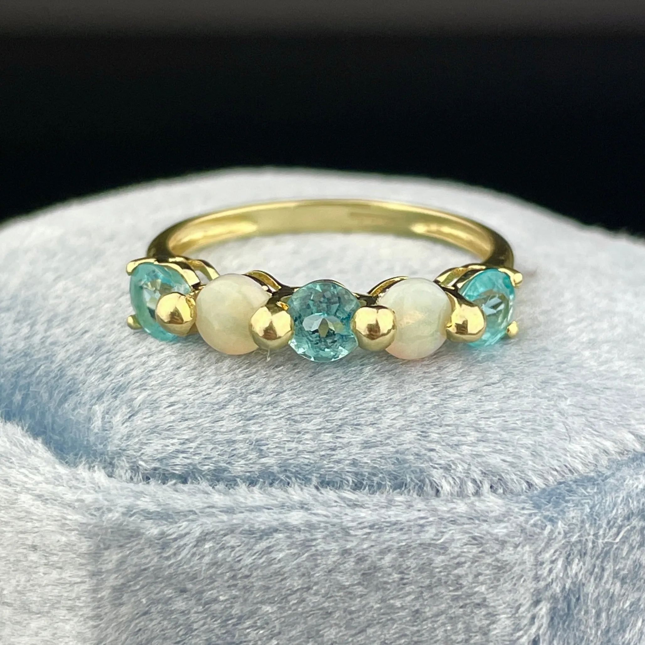 Vintage Gold Opal Simulated Blue Topaz Half Hoop Stacking Ring, Sz 6 1/2