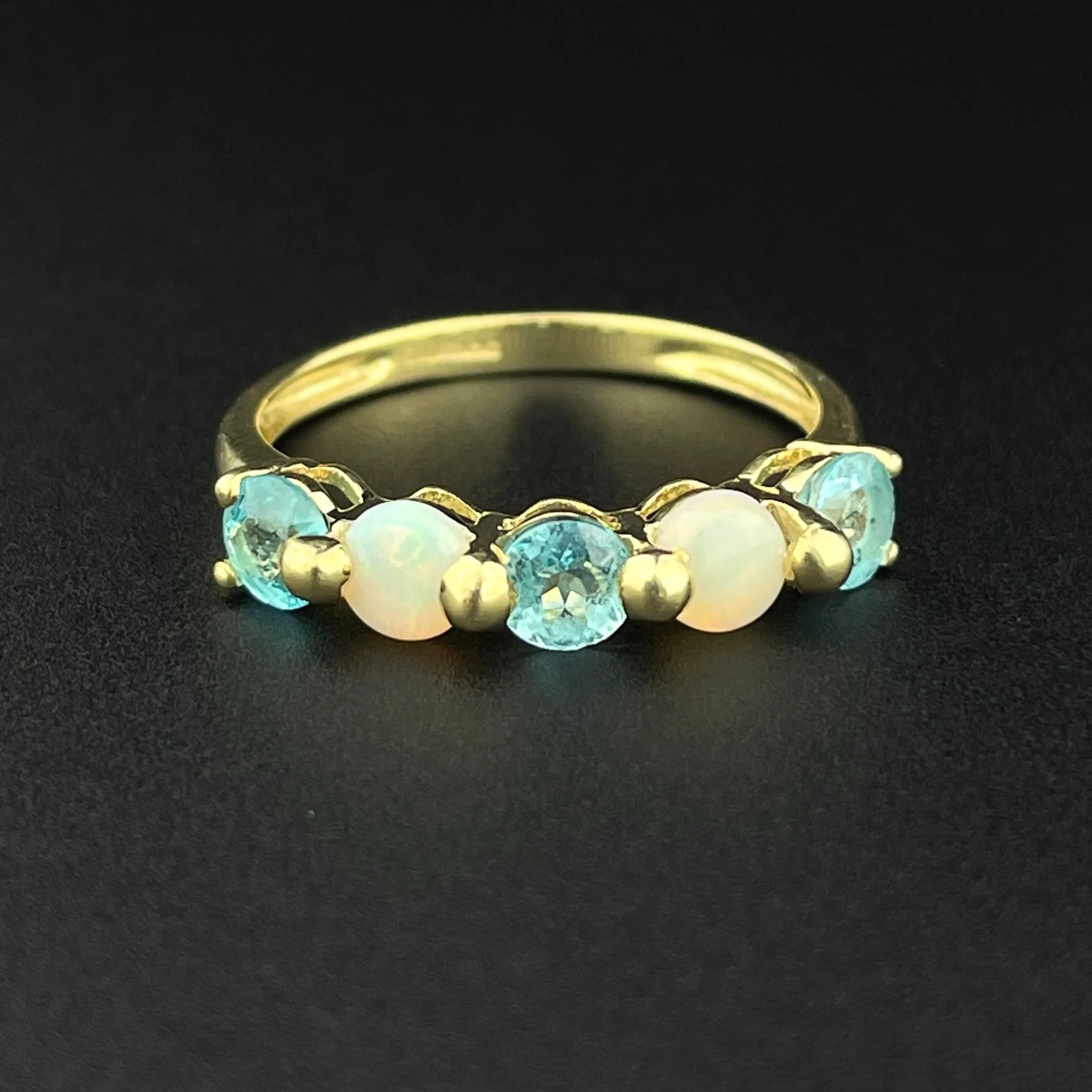 Vintage Gold Opal Simulated Blue Topaz Half Hoop Stacking Ring, Sz 6 1/2