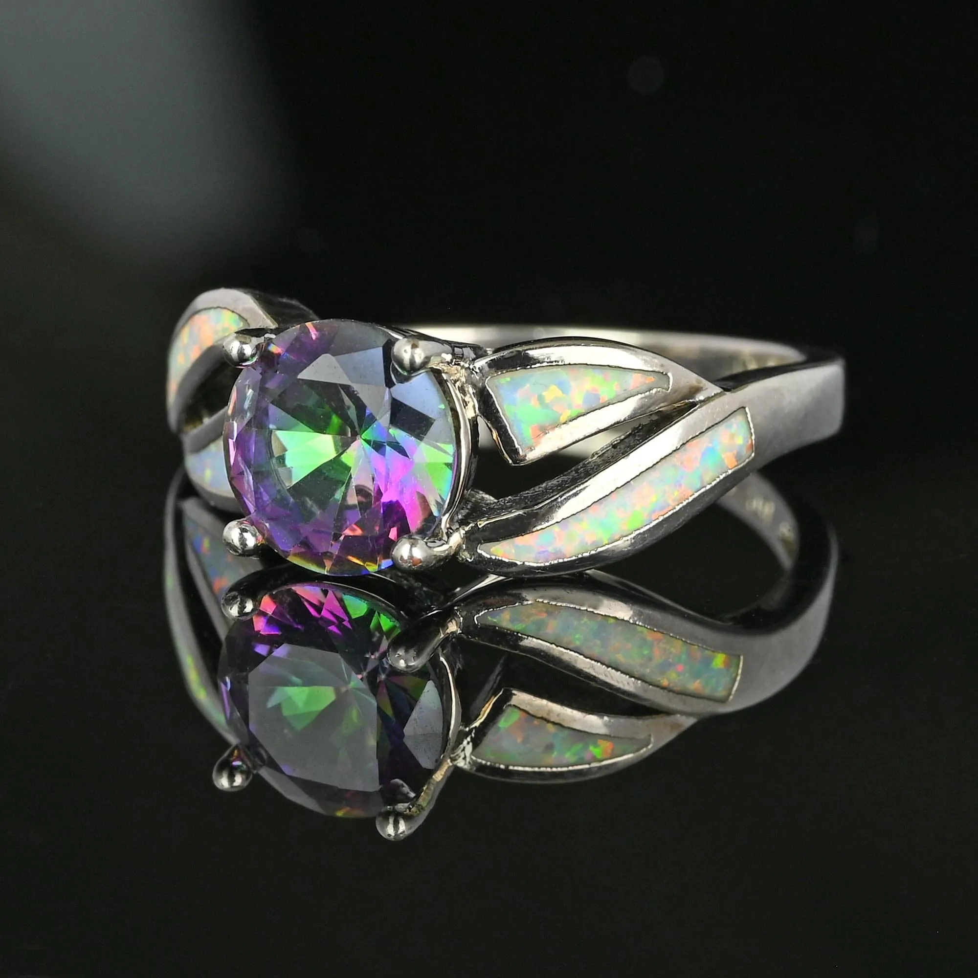 Vintage Opal Inlay Mystic Topaz Ring in 10K White Gold