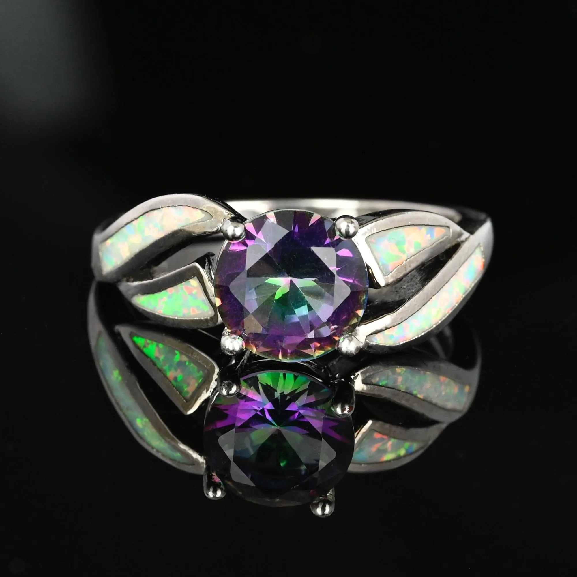 Vintage Opal Inlay Mystic Topaz Ring in 10K White Gold