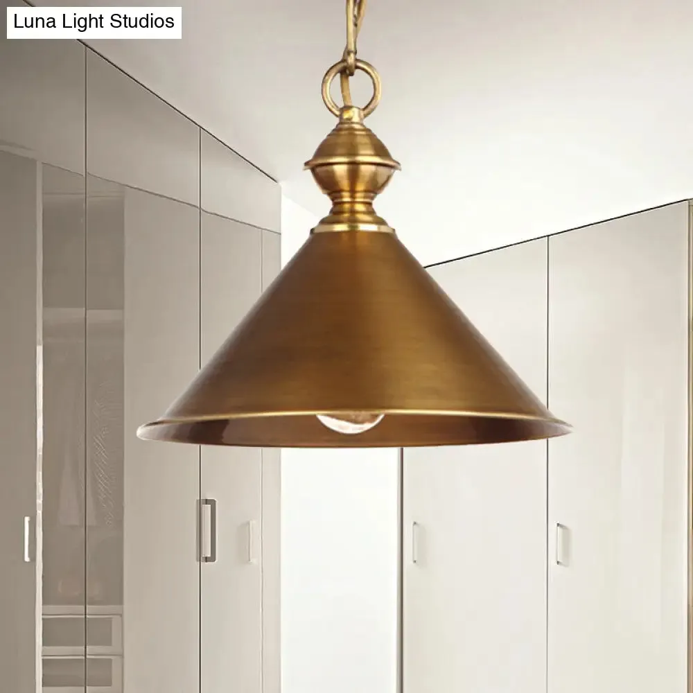 Vintage Suspension Pendant Light with Metallic Brass/Gold Finish - 7"/8.5" Conical Shade, 1-Light