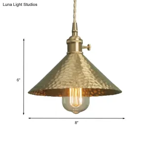 Vintage Suspension Pendant Light with Metallic Brass/Gold Finish - 7"/8.5" Conical Shade, 1-Light