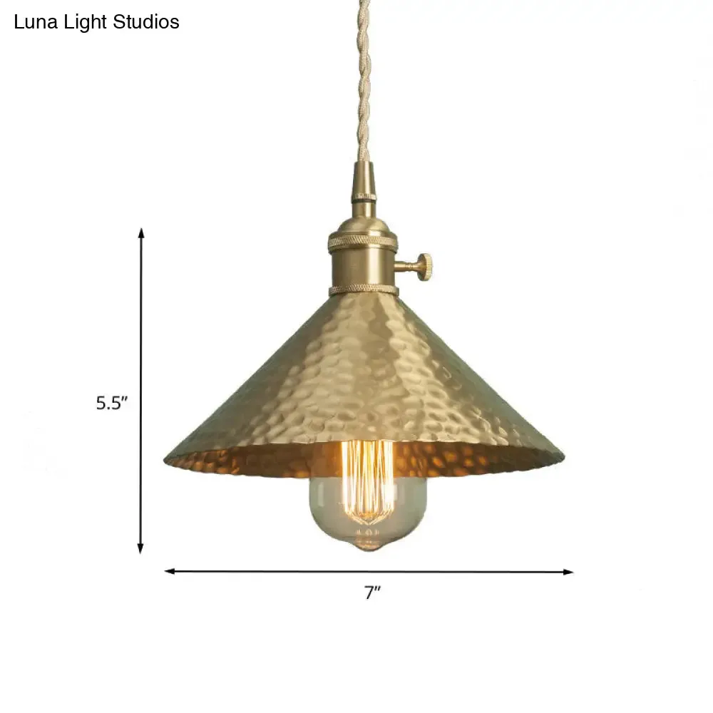 Vintage Suspension Pendant Light with Metallic Brass/Gold Finish - 7"/8.5" Conical Shade, 1-Light