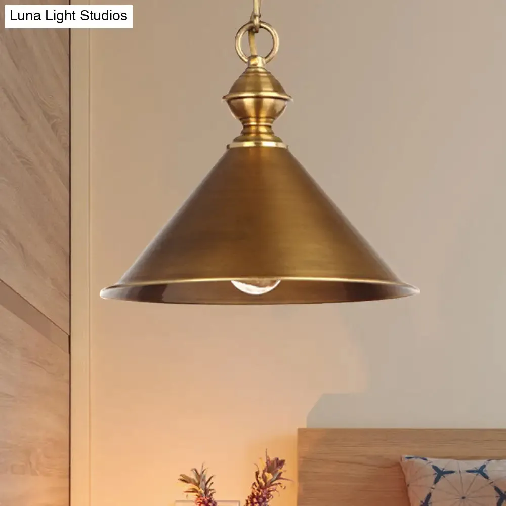 Vintage Suspension Pendant Light with Metallic Brass/Gold Finish - 7"/8.5" Conical Shade, 1-Light