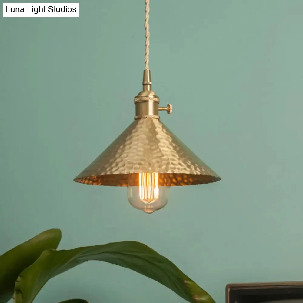 Vintage Suspension Pendant Light with Metallic Brass/Gold Finish - 7"/8.5" Conical Shade, 1-Light