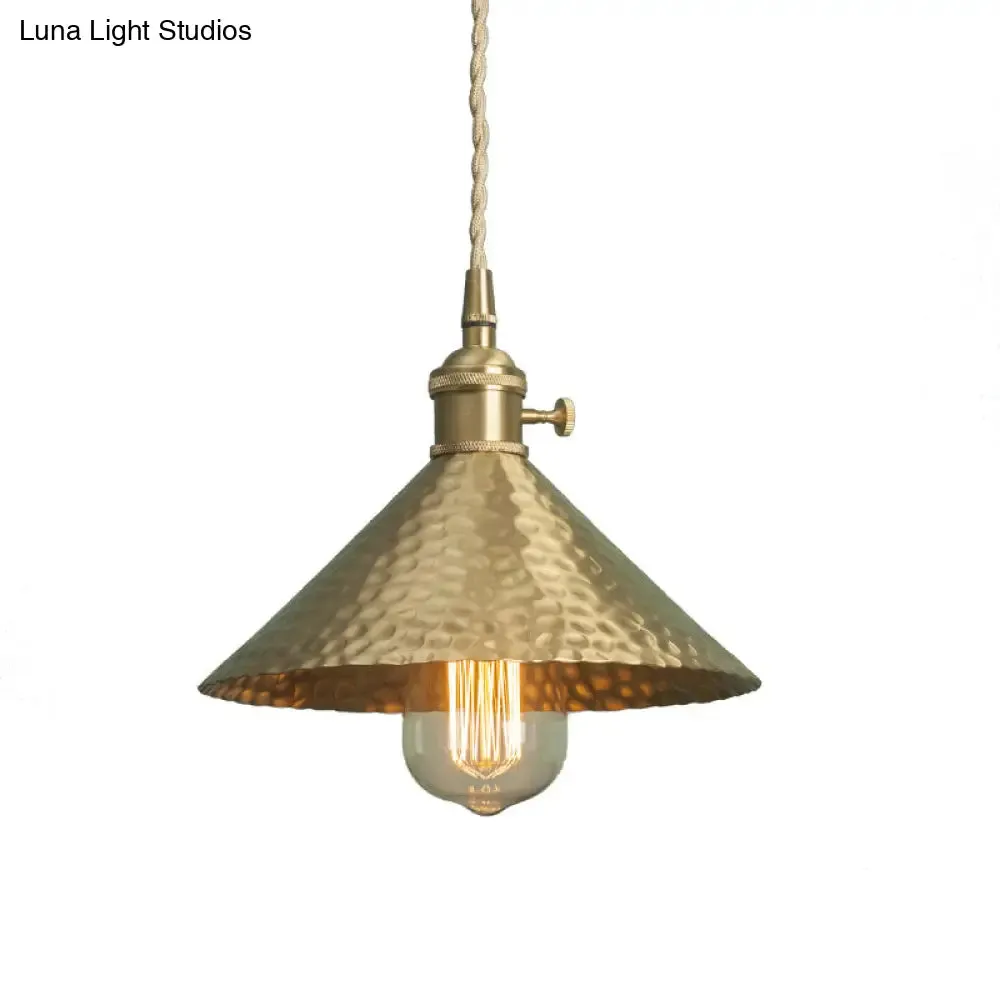 Vintage Suspension Pendant Light with Metallic Brass/Gold Finish - 7"/8.5" Conical Shade, 1-Light