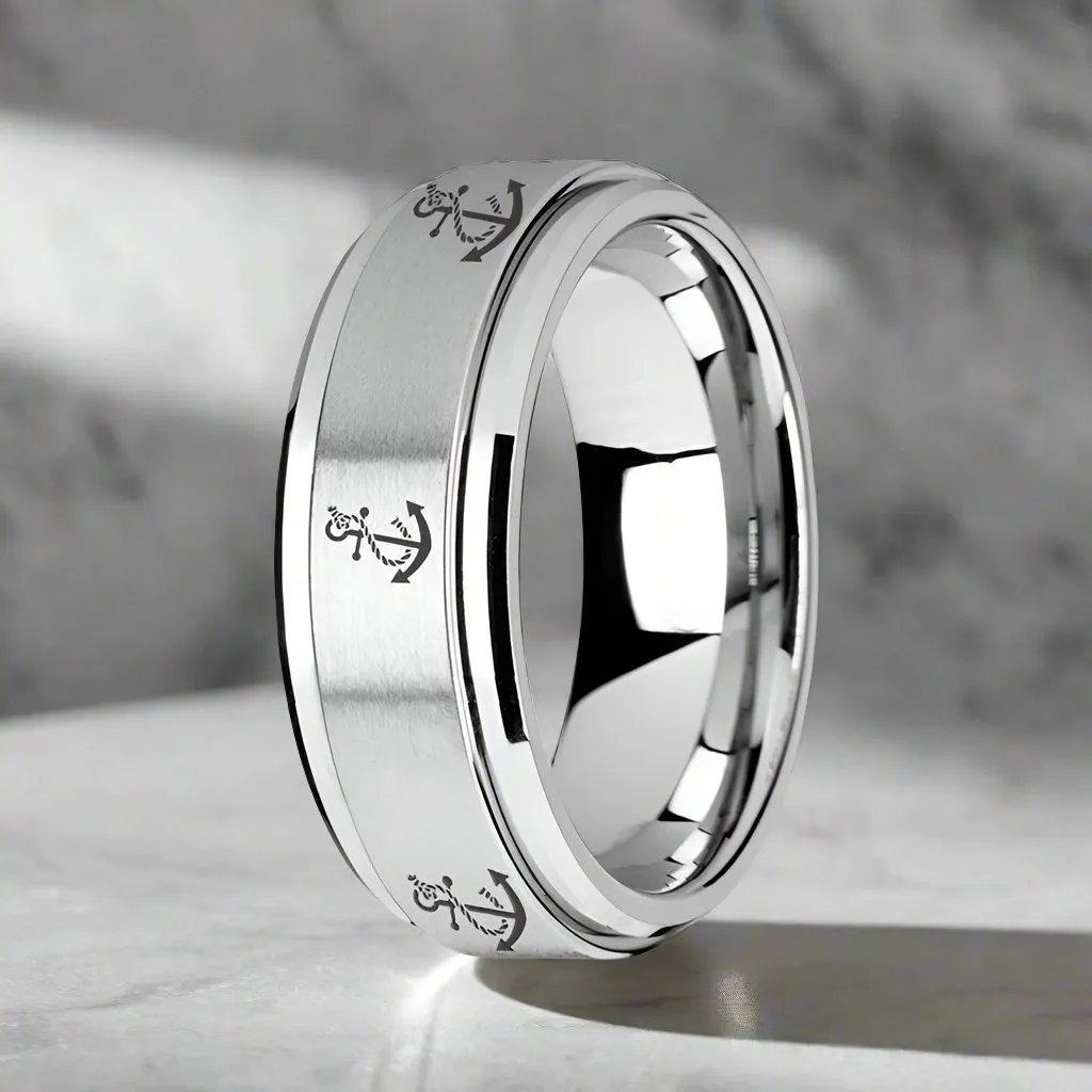 VOYAGE | Silver Tungsten Ring, Fidget Spinner, Laser Engraved Artistic Anchor, Beveled