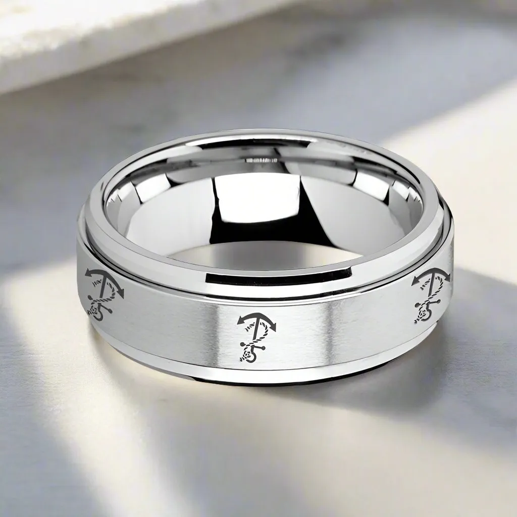 VOYAGE | Silver Tungsten Ring, Fidget Spinner, Laser Engraved Artistic Anchor, Beveled