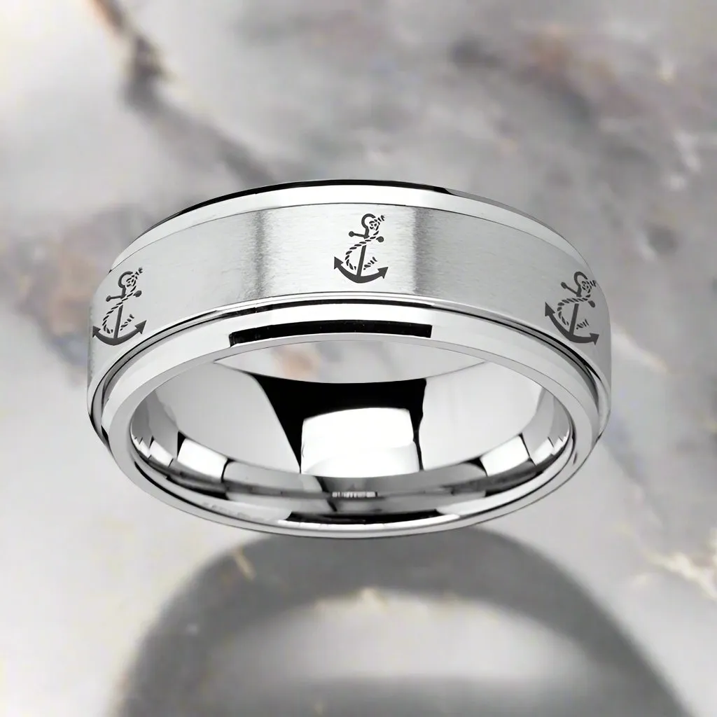 VOYAGE | Silver Tungsten Ring, Fidget Spinner, Laser Engraved Artistic Anchor, Beveled