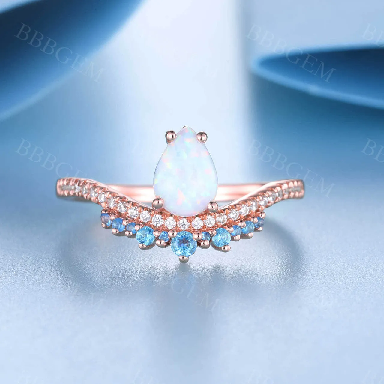 White Opal Diamond Engagement Ring Blue Topaz Ring October Birthstone Promise Anniversary Gift