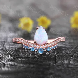 White Opal Diamond Engagement Ring Blue Topaz Ring October Birthstone Promise Anniversary Gift