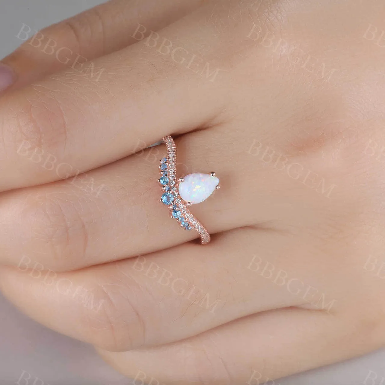 White Opal Diamond Engagement Ring Blue Topaz Ring October Birthstone Promise Anniversary Gift