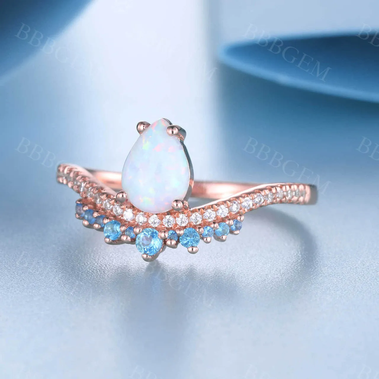 White Opal Diamond Engagement Ring Blue Topaz Ring October Birthstone Promise Anniversary Gift