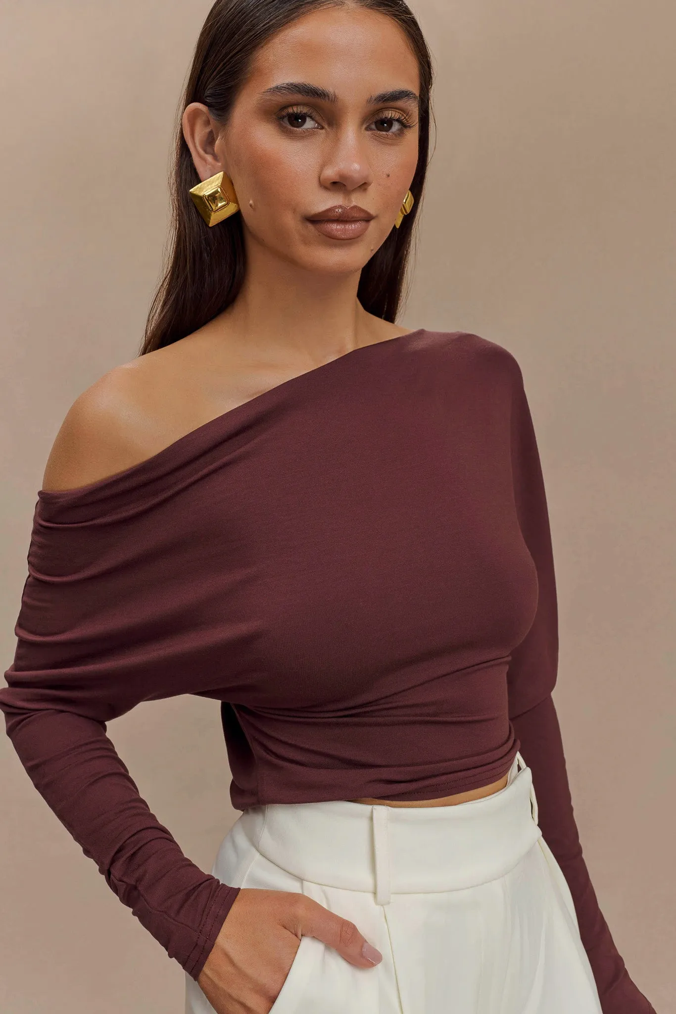 Yasmin Asymmetrical Long Sleeve Top - Mahogany