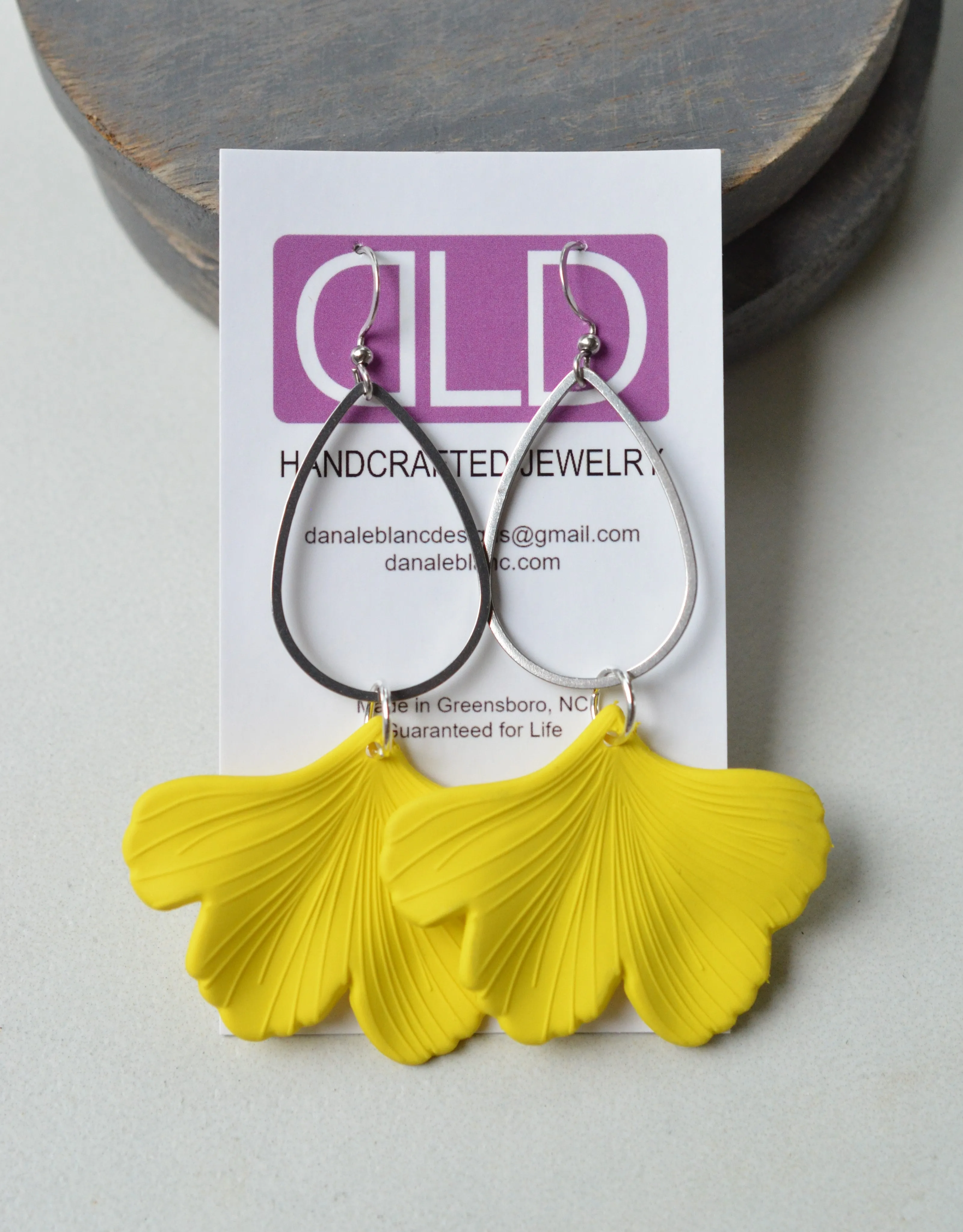 Yellow Ginkgo Matte Leaf Lucite Petal Silver Big Statement Earrings - Avery