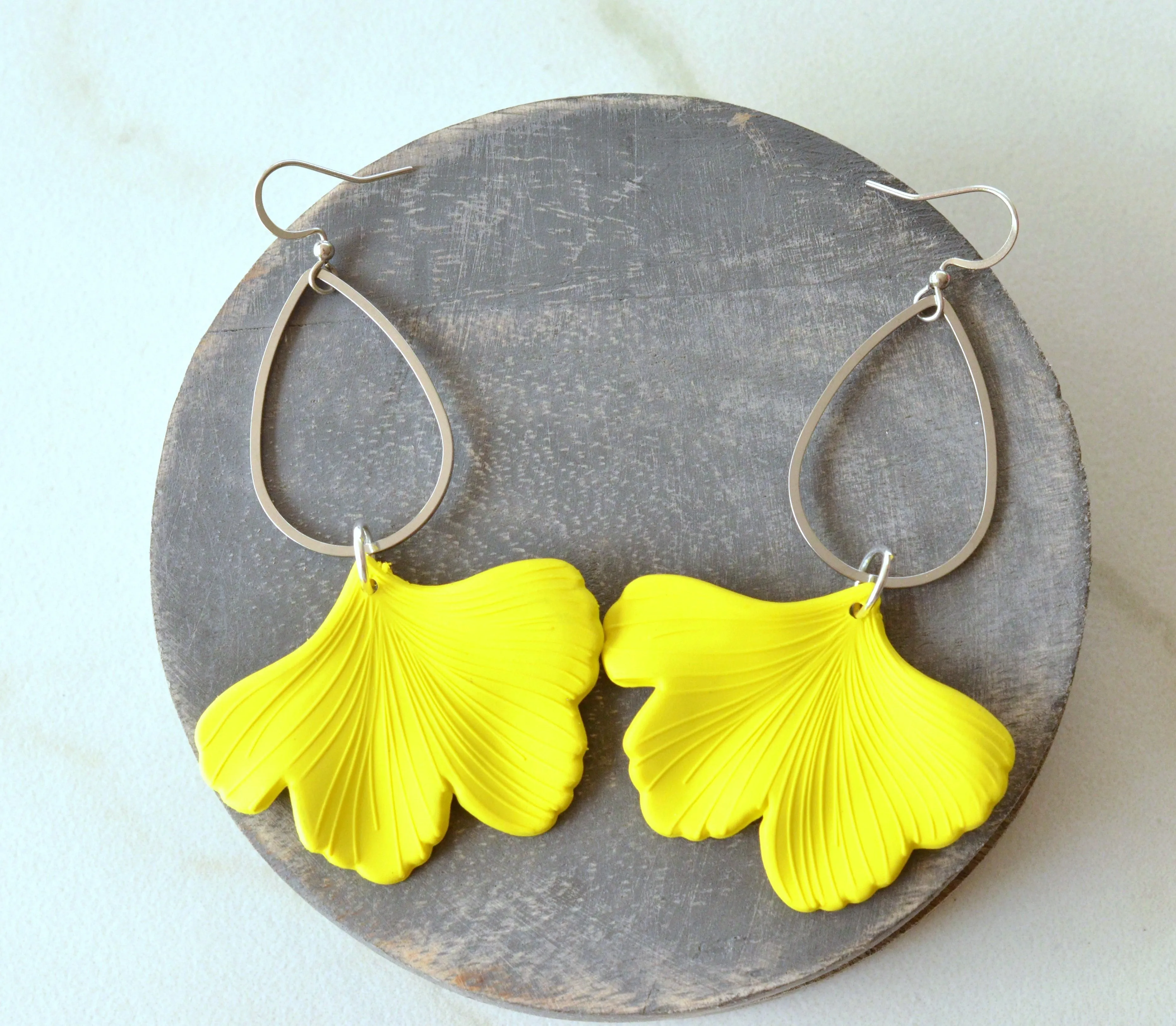 Yellow Ginkgo Matte Leaf Lucite Petal Silver Big Statement Earrings - Avery